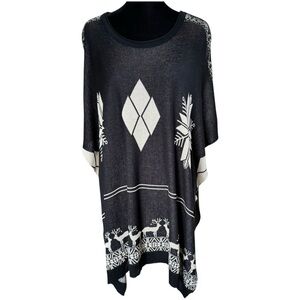 Do Everything in Love Poncho One Size, Black Beige Snowflake Deer, Button, Women